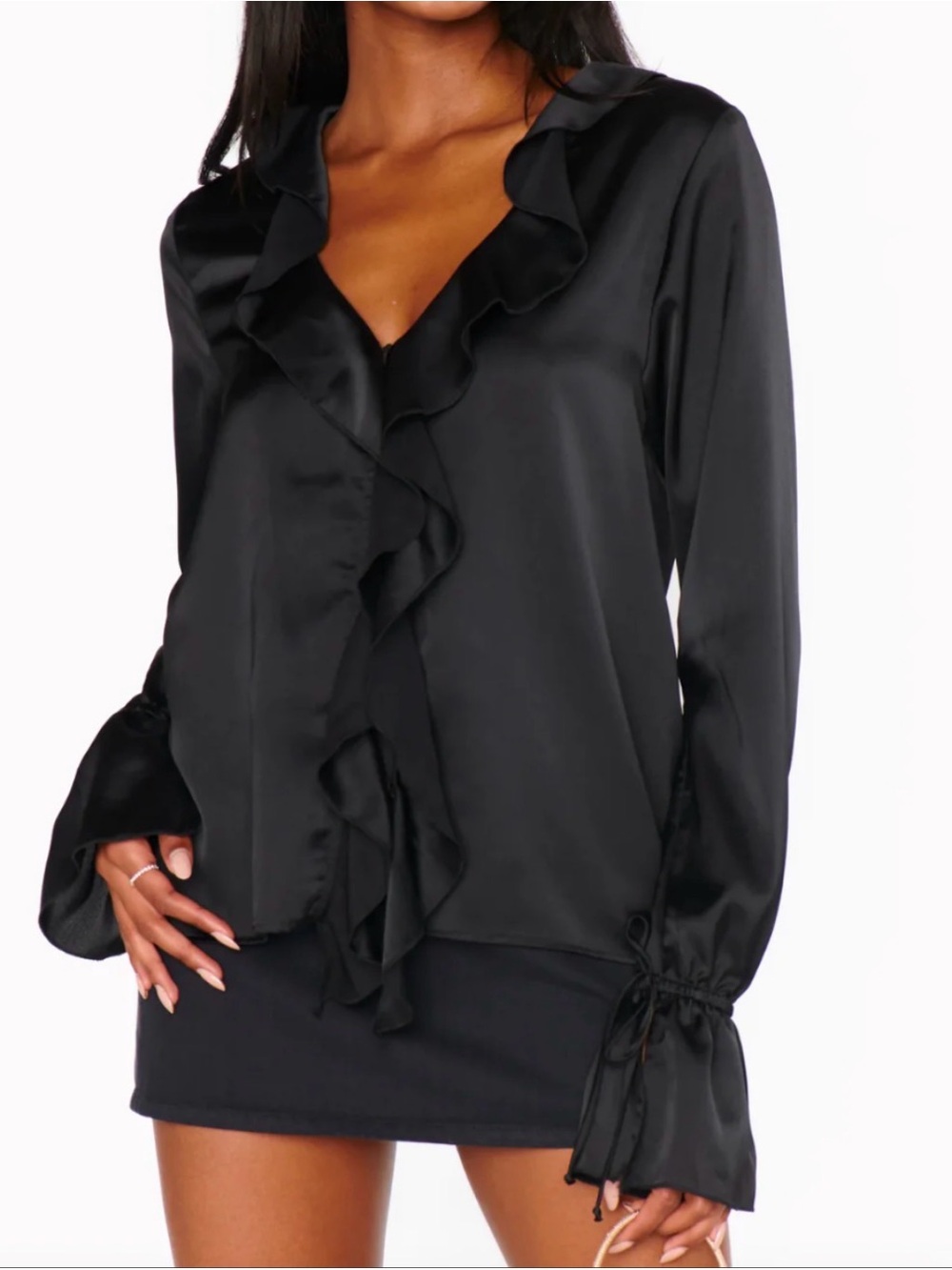 NWT SHOW ME YOUR MUMU Adela Ruffle Top in Black Luxe Satin Size XS